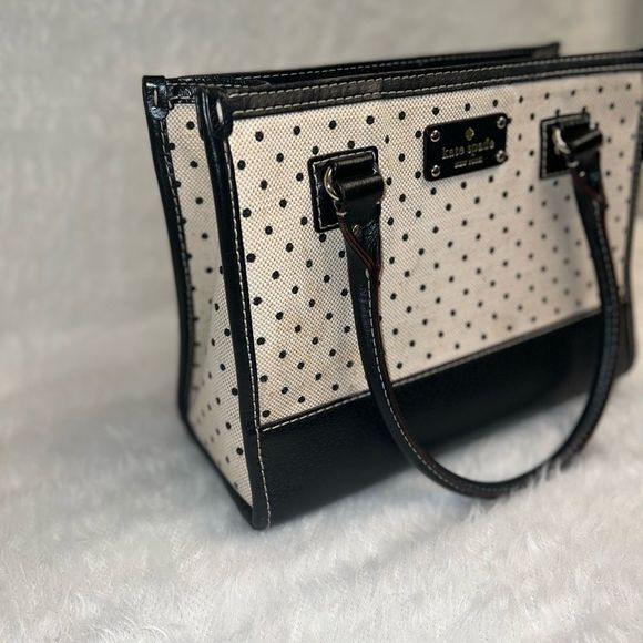 Kate spade Polka Dot Wellesley Quinn Black Khaki Canvas Leather Tote - Picture 2 of 16